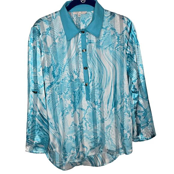 Alberto Makali Tops - Alberto Makali Blue White Abstract Print Semi-Sheer Button-down Blouse Sz Small